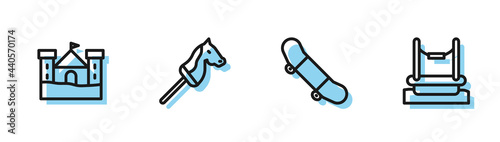 Set line Skateboard trick, Sand castle, Toy horse and Bungee icon. Vector