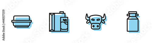 Set line Cow head, Butter in butter dish, Paper package for milk and Can container icon. Vector
