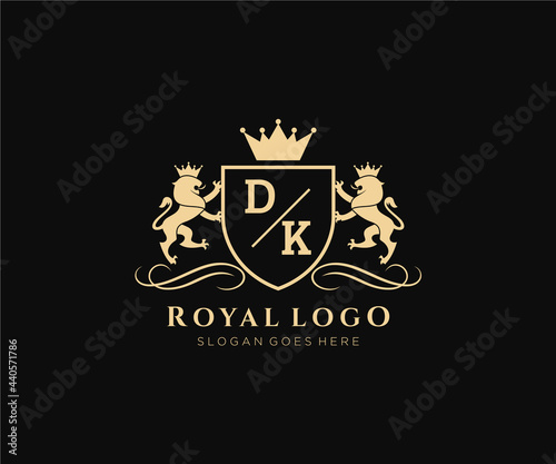 Initial DK Letter Lion Royal Luxury Heraldic,Crest Logo template in vector art for Restaurant, Royalty, Boutique, Cafe, Hotel, Heraldic, Jewelry, Fashion and other vector illustration.