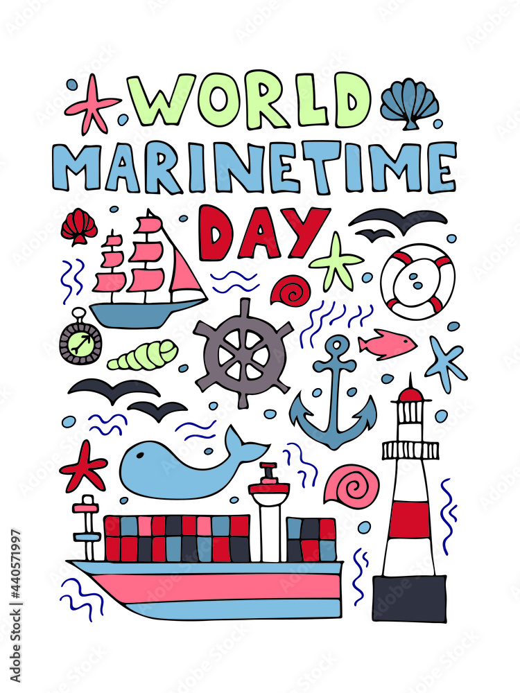 World maritime day, doodles. Hand drawn maritime set. Card, banner, poster, backgrounds.