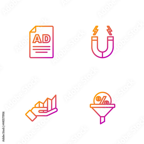 Set line Lead management, Pie chart infographic, Advertising and Magnet. Gradient color icons. Vector