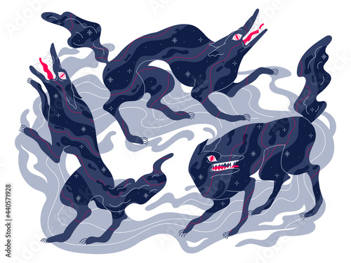 Scary wolves, vicious aggressive beast, dark fairy tale mystical character.