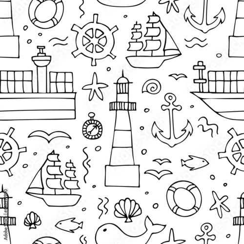 Hand drawn maritime seamless pattern. Doodles. Card, banner, poster, backgrounds.