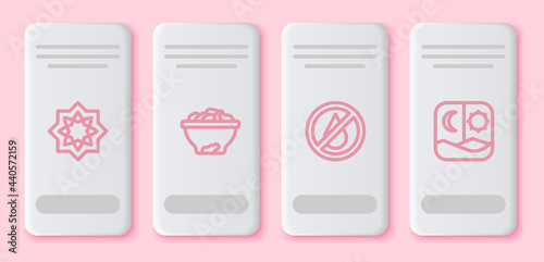 Set line Octagonal star, Date fruit in bowl, No water and Ramadan fasting. White rectangle button. Vector