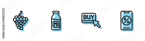 Set line Buy button, Grape fruit, Bottle with milk and Percent discount and mobile icon. Vector