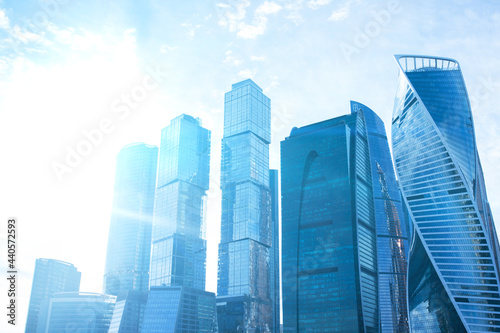 Modern skyscrapers glass tower buildings in business district with financial offices on sky background  architecture Construction industry