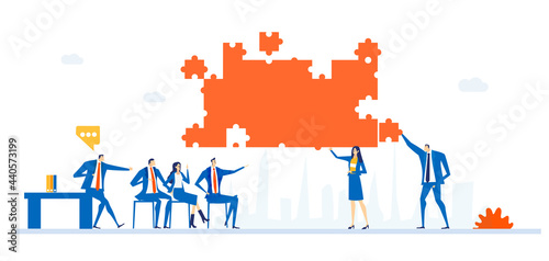 Business people, team of successful people talking, negotiating the deal and work with puzzles. Business concept illustration