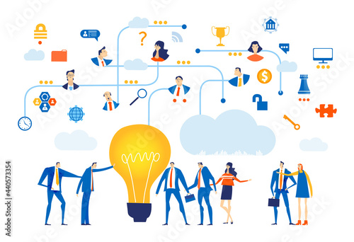 Business people, team of successful people talking, negotiating the deal, demonstrating positive growth and result. Business concept illustration