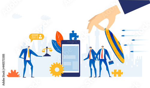 Business people holding phone up, application developing team. Business concept illustration