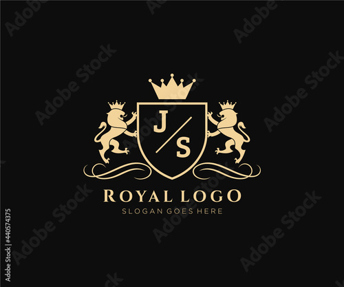 Initial JS Letter Lion Royal Luxury Heraldic,Crest Logo template in vector art for Restaurant, Royalty, Boutique, Cafe, Hotel, Heraldic, Jewelry, Fashion and other vector illustration.