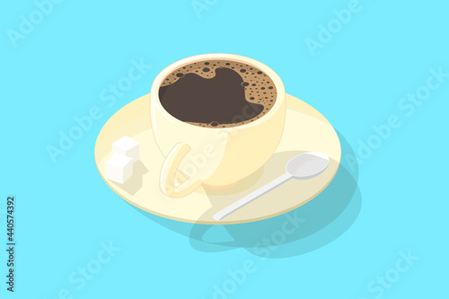 a cup of coffee, with sugar and a teaspoon in an isometric projection, on a blue background