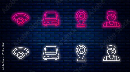 Set line Electronic jewelry scales, Jewelry store, Diamond engagement ring and Jeweler man. Glowing neon icon on brick wall. Vector