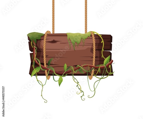 Empty wooden plank hanging on ropes with tropical leaves. Retro banners for game. Cartoon vector illustration.