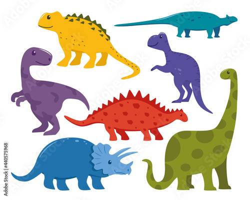 Dinosaur big set. Collection of prehistoric jurrasic period wild fauna. Cute colorful dinosaurs in cartoon style. Vector illustration.