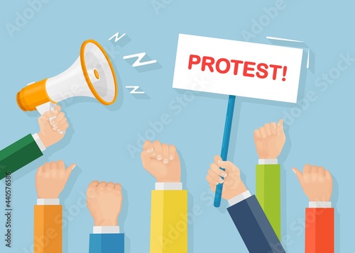 People on strike. Crowd of protesters with placards, banners, megaphone. Vector illustration