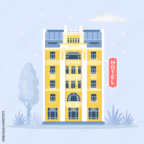 Hotel building is located on a city street. Vector illustration