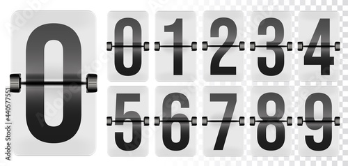 Table flap clock number counter for arrival departure board. Retro digit set for airport terminal mechanical dashboard panel design. Black on white flip display isolated vector illustration