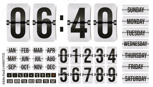 Flip time counter calendar with number, month, day element. Set of countdown hour and minute digit, schedule indicator for automatic clock display panel vector illustration isolated on white