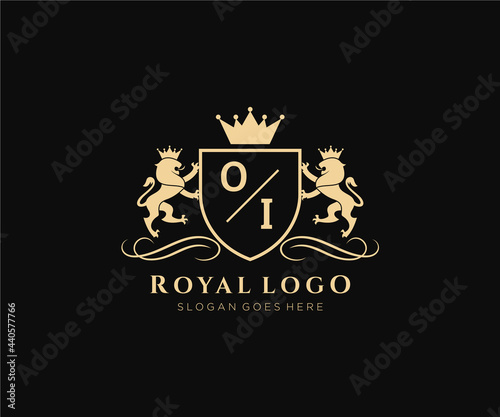 Initial OI Letter Lion Royal Luxury Heraldic,Crest Logo template in vector art for Restaurant, Royalty, Boutique, Cafe, Hotel, Heraldic, Jewelry, Fashion and other vector illustration.
