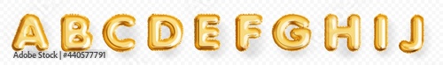 Gold inflatable toy balloon font letter from A to J realistic set. Children birthday party decorative element. Holiday alphabet for greeting lettering vector illustration isolated on white background