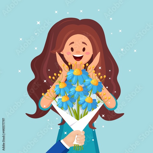 Surprised happy woman with beautiful bouquet. Bunch of flower for gift in hand. Vector illustration