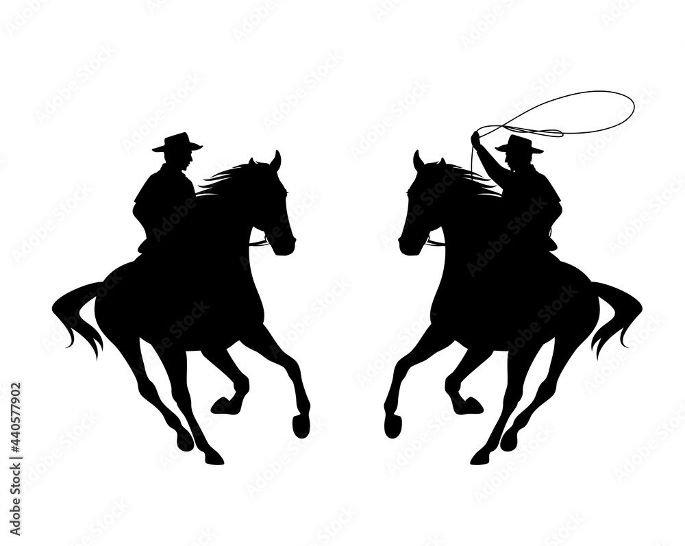 cowboy rider riding galloping horse and throwing lasso - wild west ranger black and white vector silhouette design set