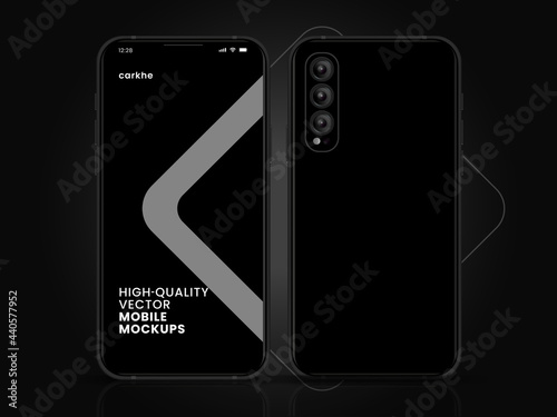 High quality vector mobile mockups. Realistic smartphone. Device UI UX mockup for presentation template. Cellphone frame with blank display isolated templates. 3D isometric illustration cell phone