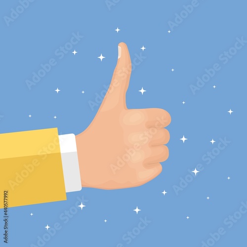Businessman with thumb up. Social network like, feedback, good review. Vector illustration