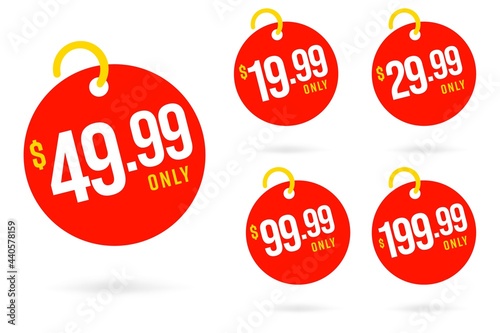 Hanging price tag with 49.99, 19.99, 29.99, 99.99, 199.99. Sale discount information set with dollar different price-off and clearance on holidays or weekend. Vector illustration isolated on white