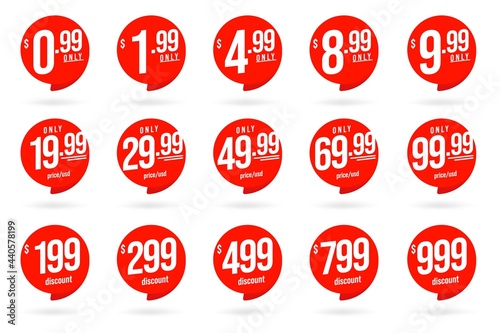 Only cheap price in usd and special discount badge sticker. Set of round retail sale tag or store price mark with different money value. Vector illustration isolated on white background