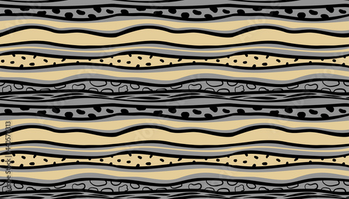 Animal pattern. Wave animal textured seamless pattern. Black grey gold contrasting hand made vector illustration