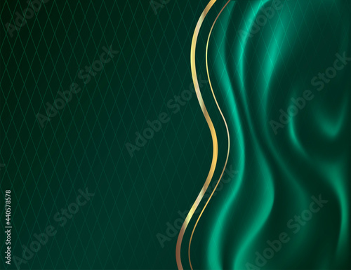 Abstract background for design. Green background with rhombuses, draped fabric and flowing gold lines.
