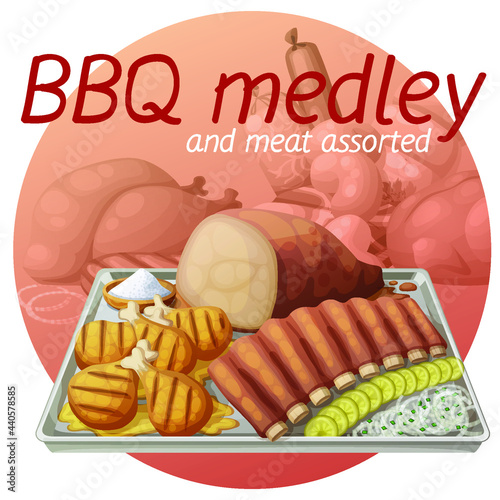 Texas BBQ medley illustration. Cartoon vector icon on gradient background with other meat products photo