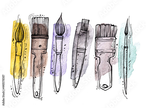 doodle illustration of an artist's brush on a watercolor spot. watercolor blot, paint texture. hand drawing. drawing supplies