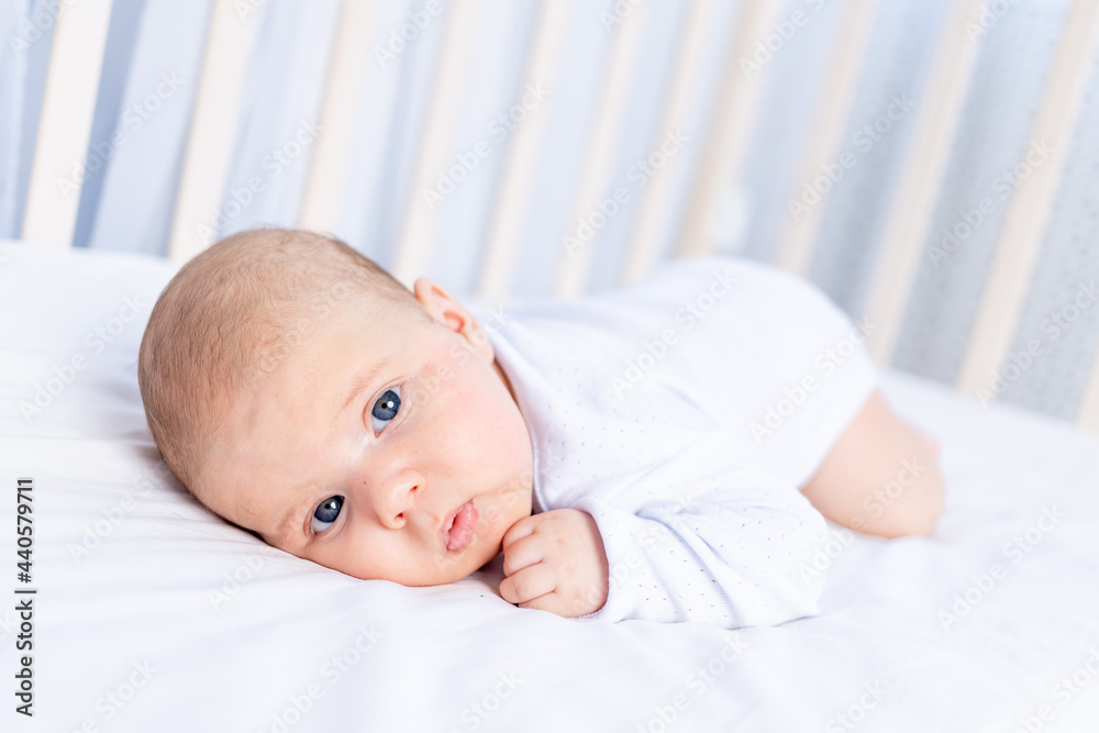 cute newborn baby on tummy in crib on cotton bed at home, healthy sleep concept cute newborn baby on tummy in crib on cotton bed at home, healthy sleep concept