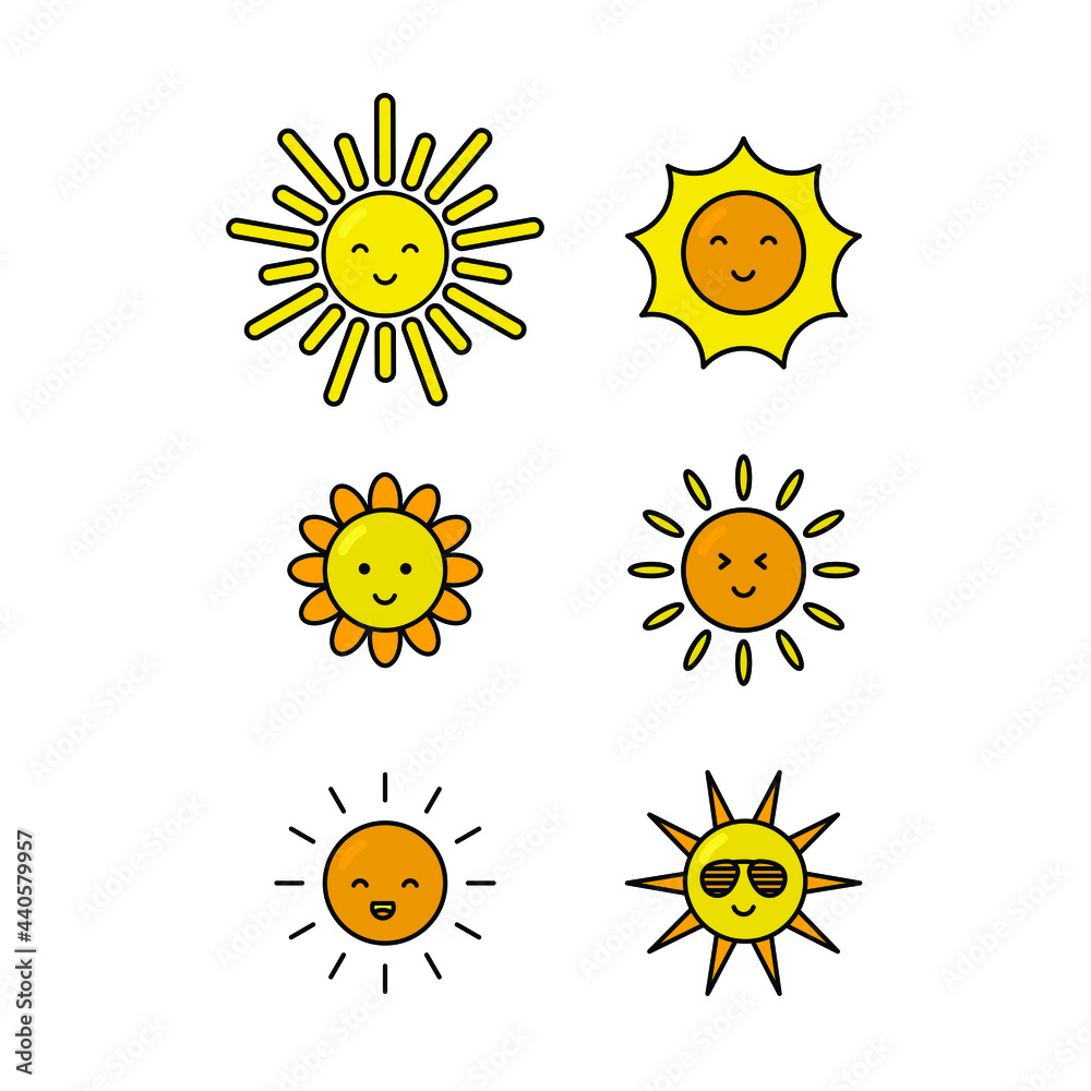 The Funny face Summer Sun doodle Set Cartoon vector The Funny face Summer Sun doodle Set Cartoon vector