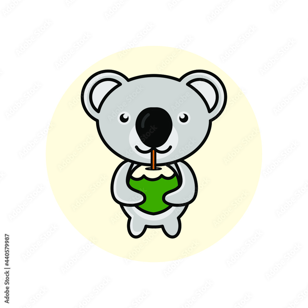 Fototapeta premium Cute Koala Drinking Coconut in Summer Vector Cartoon