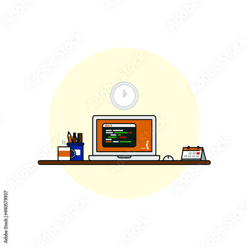 Progammer's Workplace Writing Code On Computer Laptop Vector flat