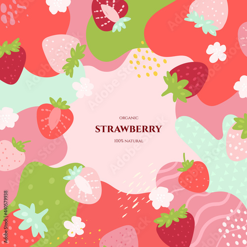 Vector frame with doodle strawberry and abstract elements. Hand drawn illustrations.