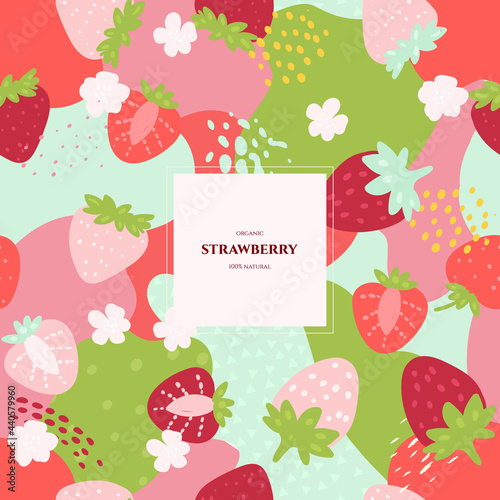 Vector frame with doodle strawberry and abstract elements. Hand drawn illustrations.