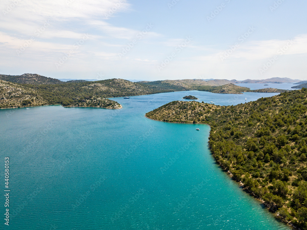 Aerial view of the island of Dugi Otok in front of the city of Zadar, Croatia