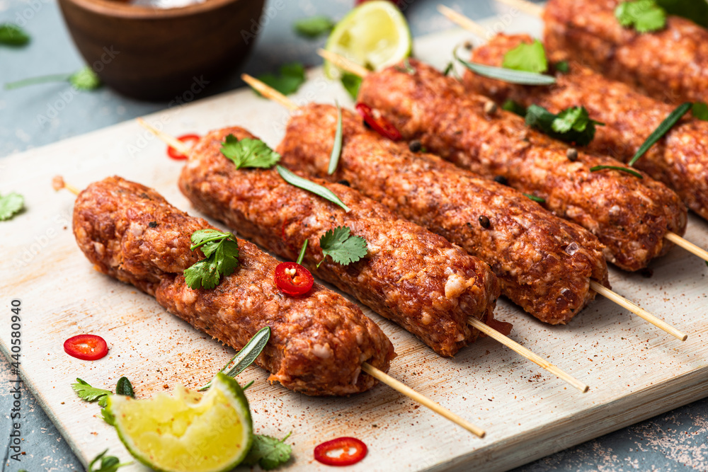 Lamb or Beef Shshlik or Shish Kebab Prepared in Herbs and Spices for BBQ Grill. Top View Lamb or Beef Shshlik or Shish Kebab Prepared in Herbs and Spices for BBQ Grill. Top View