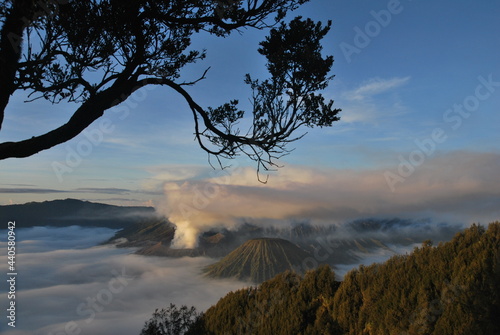 Mount bromo , Mount batok , Mount semeru is three of vocalno and Mount bromo is active vocalno at bromo tengger semeru national park indonesia with sunrise morning. Blue nature travel landscape
