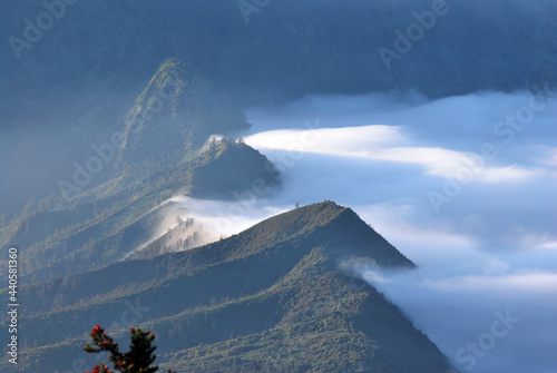 Landscape natural scene of Little village with many fog and Misty around mountain and village with shining sunrise at cemero lawang of Bromo Mountain , Indonesia - Morning vibe greenery travel unseen photo