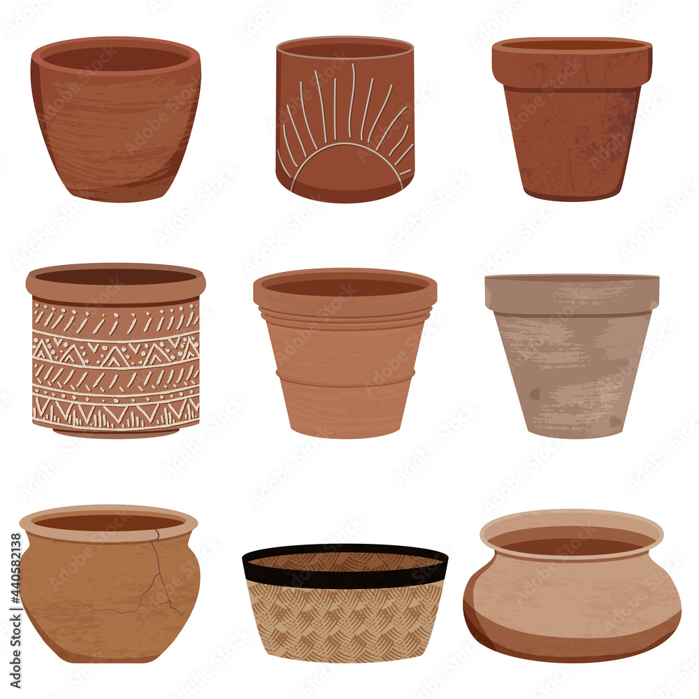 Vector collection of clay pots for house plants. Collection of different textured terracota pots. Stylish flat elements for your desing isolated on white background. - obrazy, fototapety, plakaty 