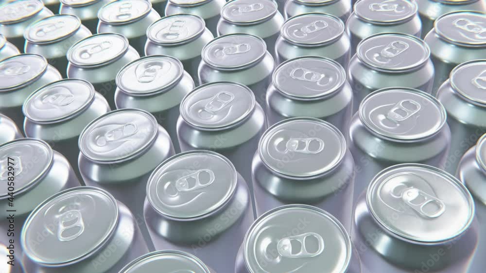 Realistic looping top view tracking shot 3D animation of the blank aluminum drink cans rendered in UHD Realistic looping top view tracking shot 3D animation of the blank aluminum drink cans rendered in UHD