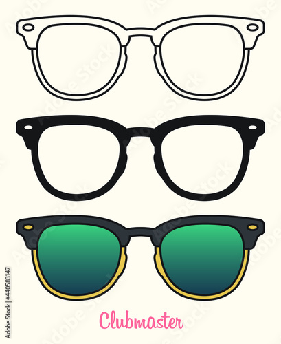 Set of Clubmaster sunglasses. Outline, silhouette, color.