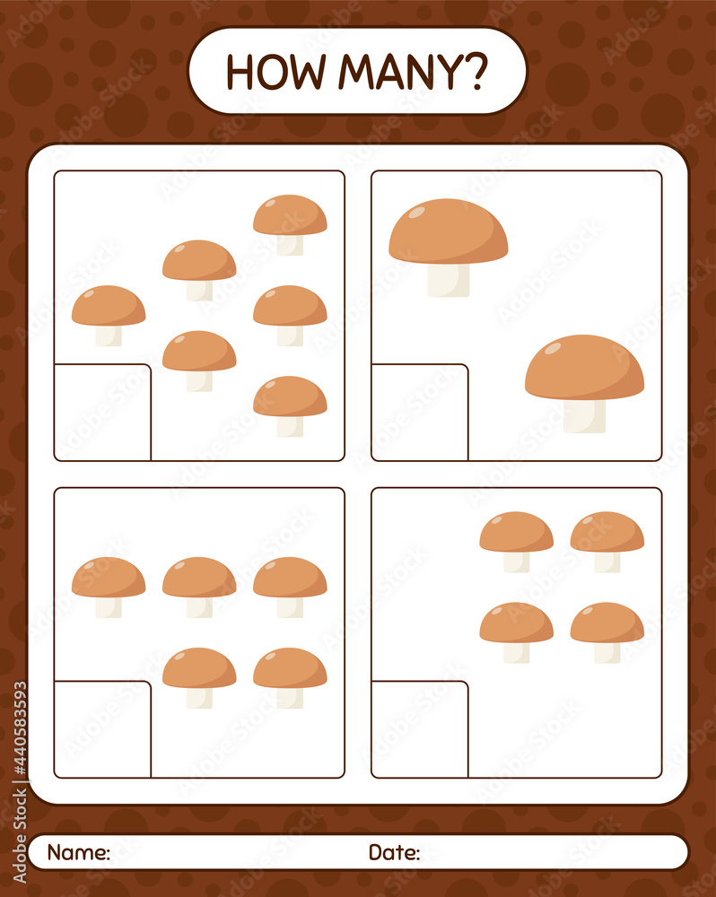 How many counting game with mushroom. worksheet for preschool kids, kids activity sheet, printable worksheet