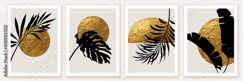Botanical wall art poster, print. Exotic leaves, golden sun, moon.