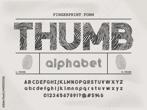 Finger print style alphabet design with uppercase, lowercase, numbers and symbols